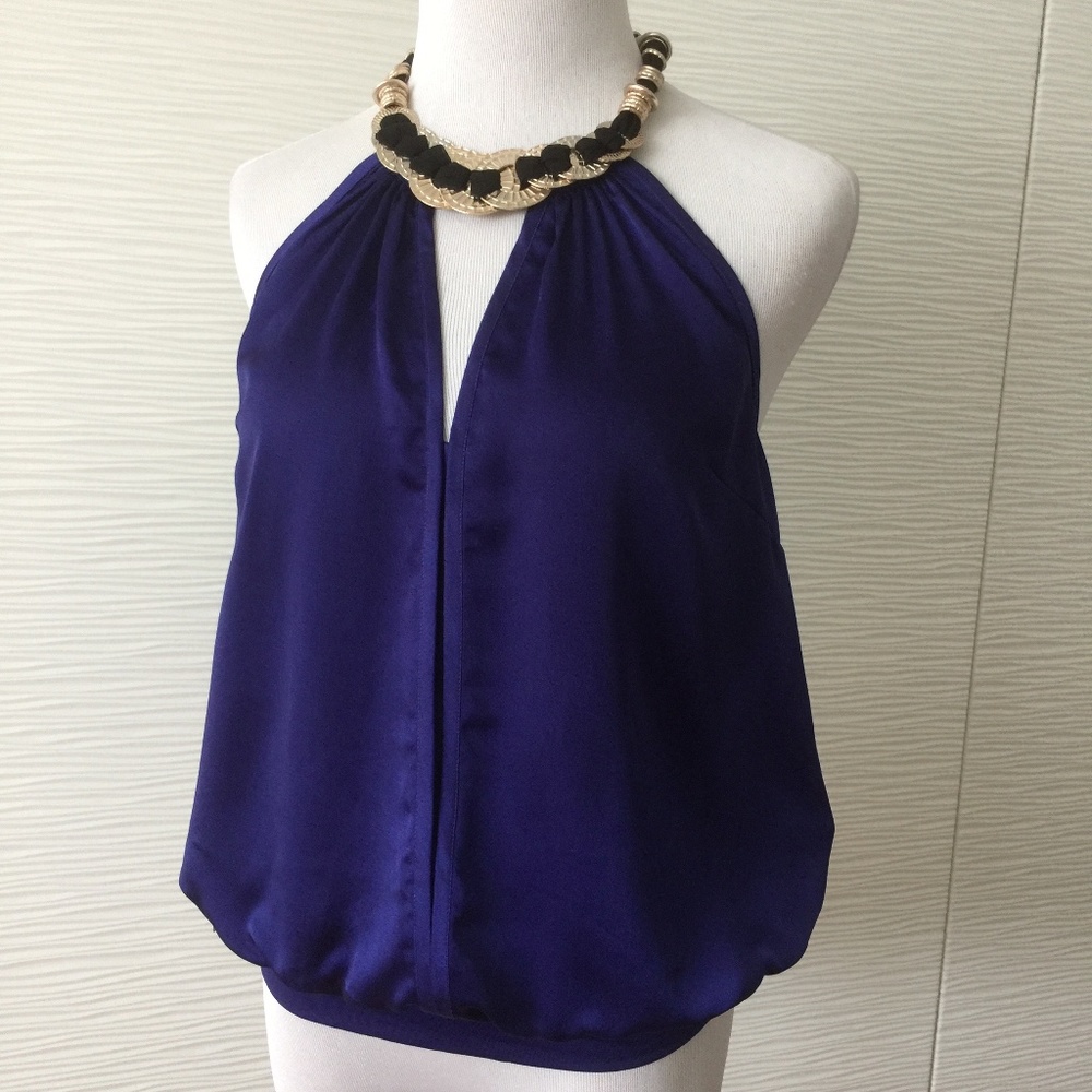 Bebe Deep Blue Halter Top With Gold Cold Coin Neck